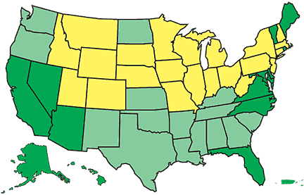 The states we visited on this trek are in yellow; dark green states we have visited in the past.  Light green are states we have yet to visit.